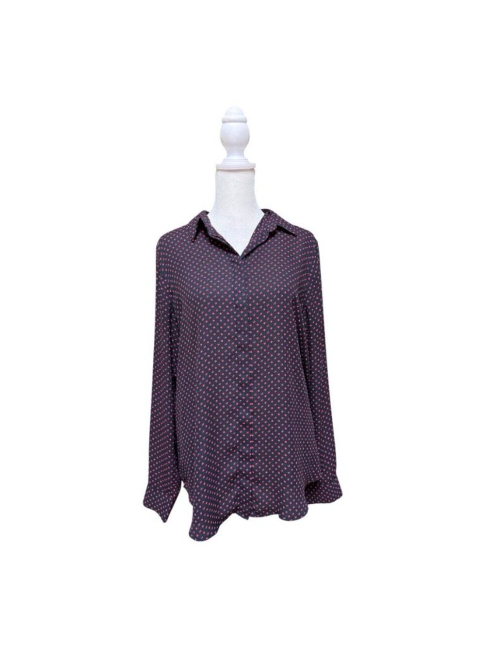 Ann Taylor Factory Polka Dot Button Front Blouse Womens Medium Navy Red